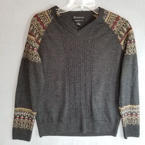 INC‎ International Concepts Merino Wool Blend Gray Medium Sweater Fair Isle